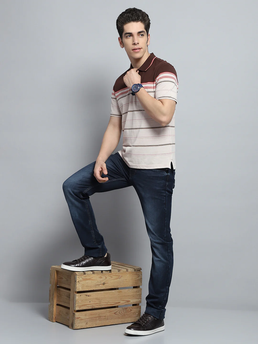 Men Brown Stripe Collar Half Sleeve T-Shirt - Image 2