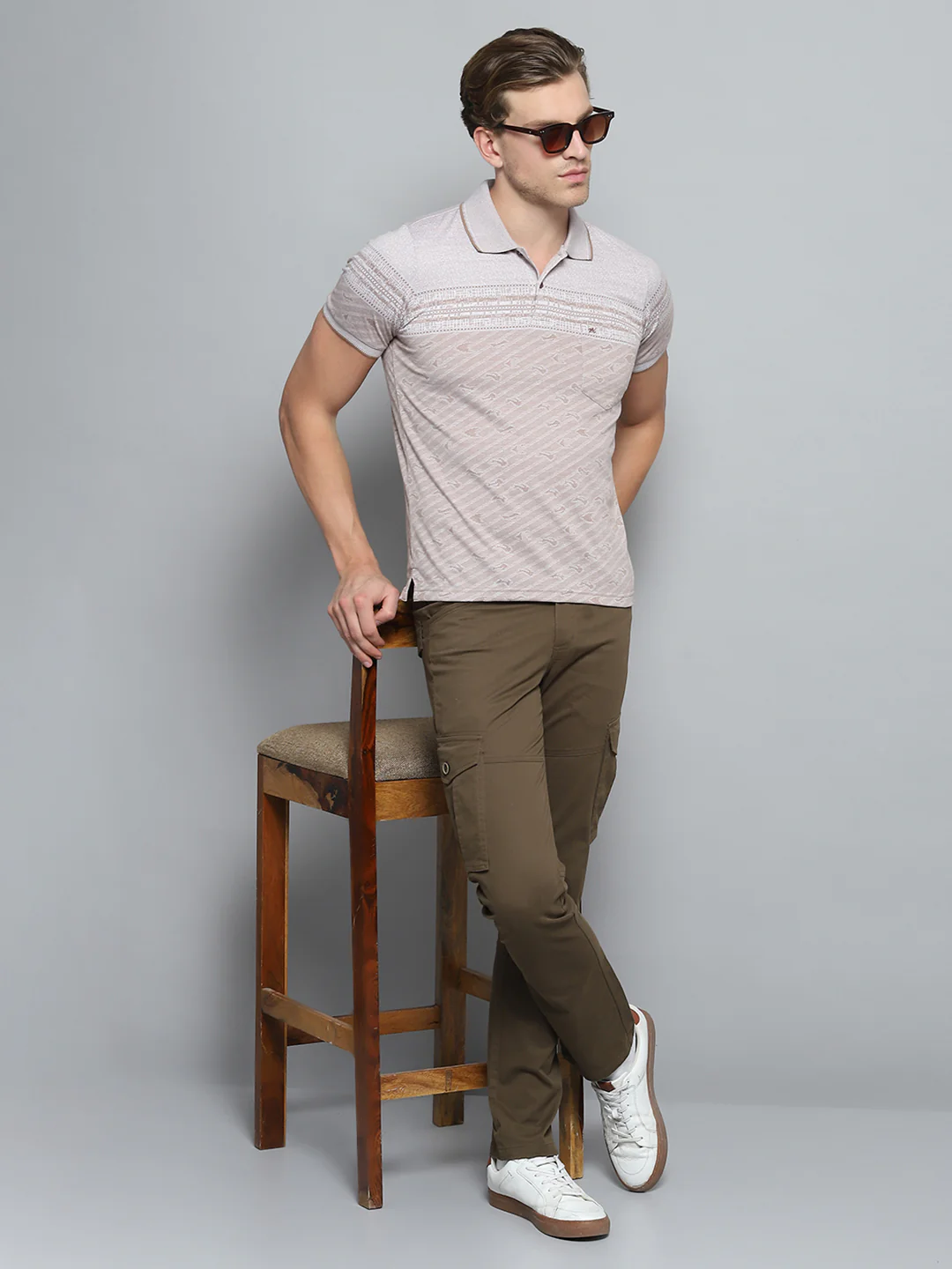 Men Brown Stripe Collar Half Sleeve T-Shirt - Image 2