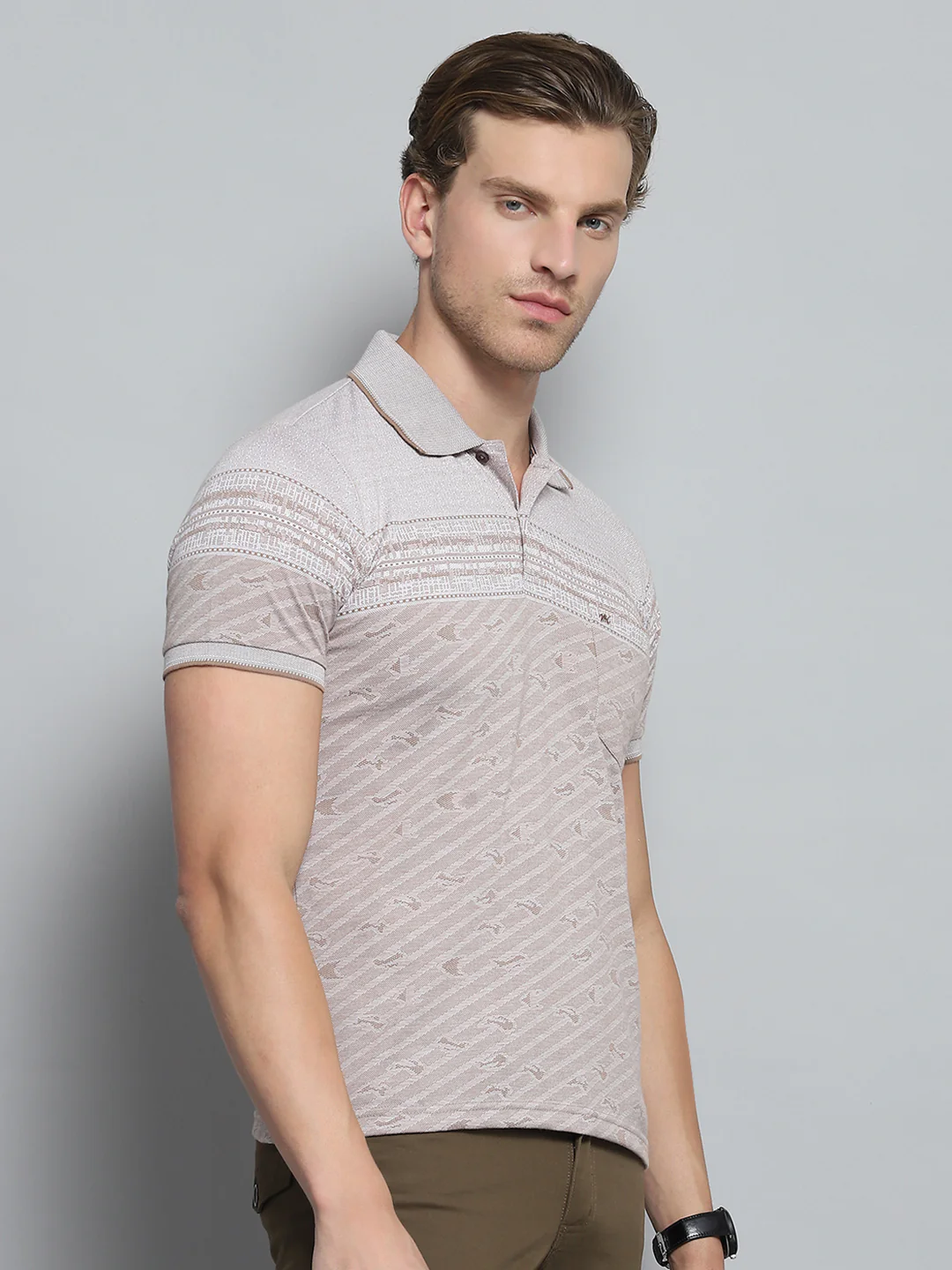 Men Brown Stripe Collar Half Sleeve T-Shirt - Image 4