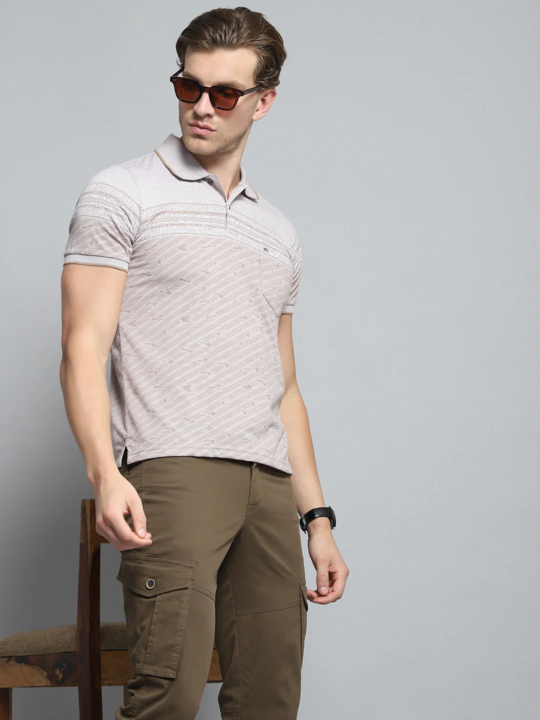 Men Brown Stripe Collar Half Sleeve T-Shirt - Image 6