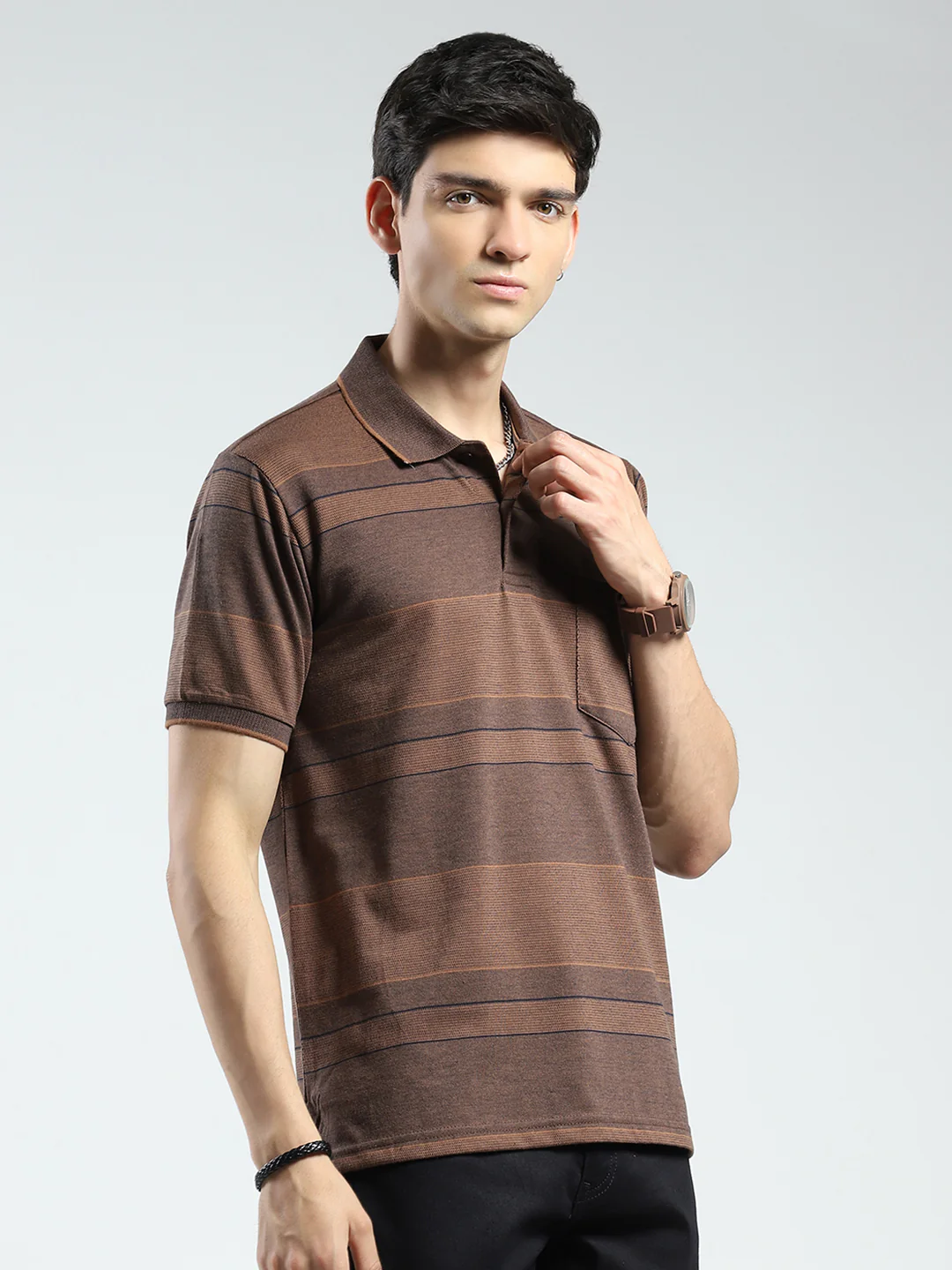 Men Brown Stripe Collar Half Sleeve T-Shirt - Image 4