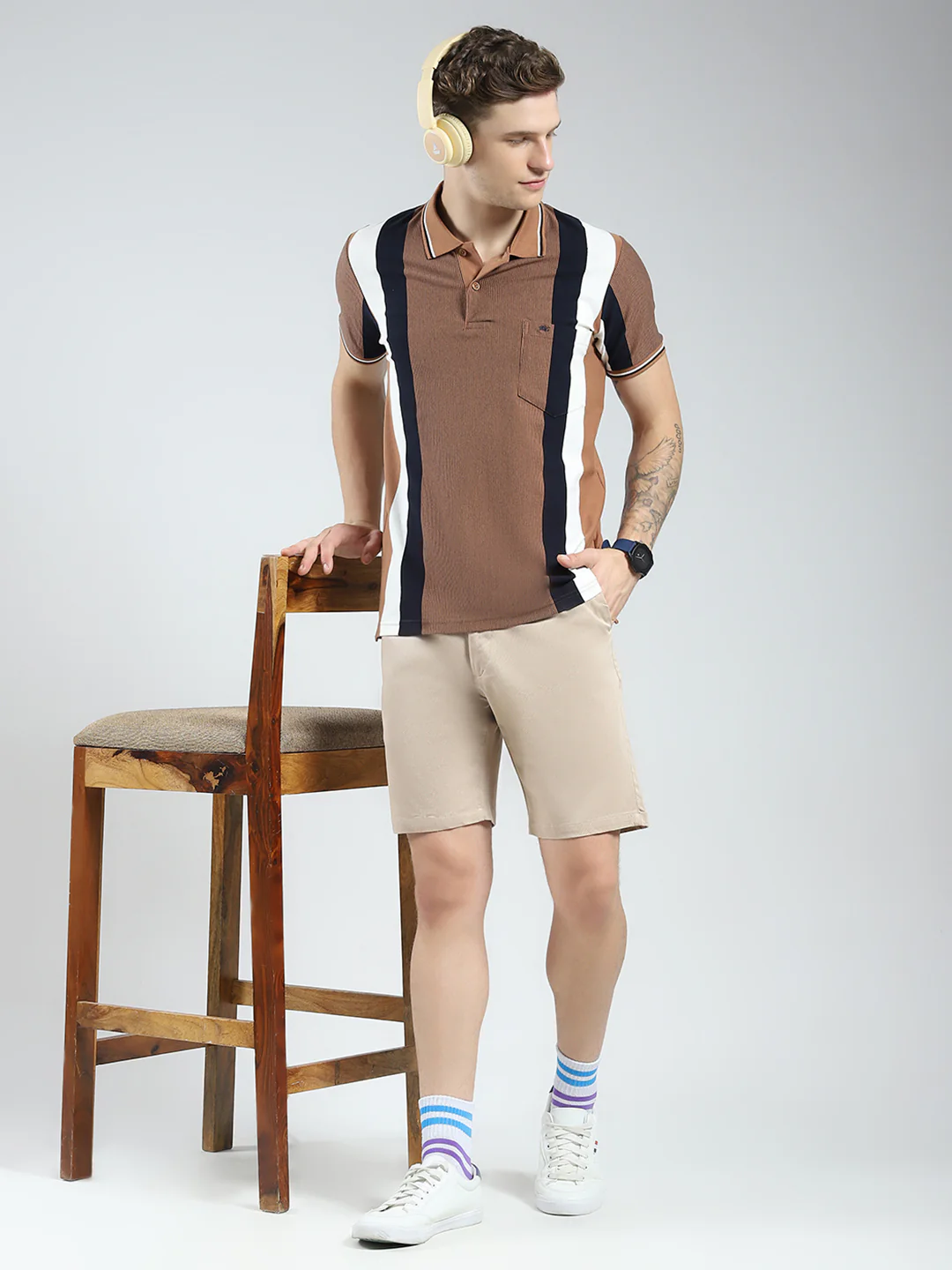 Men Brown Stripe Collar Half Sleeve T-Shirt - Image 2