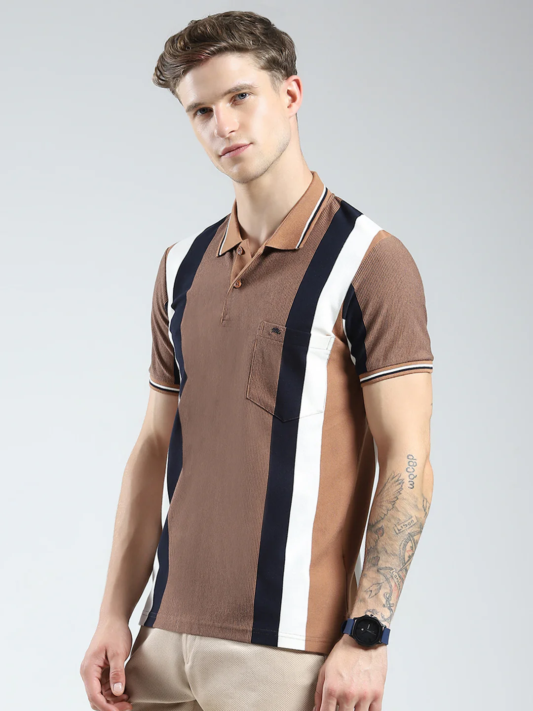 Men Brown Stripe Collar Half Sleeve T-Shirt - Image 3