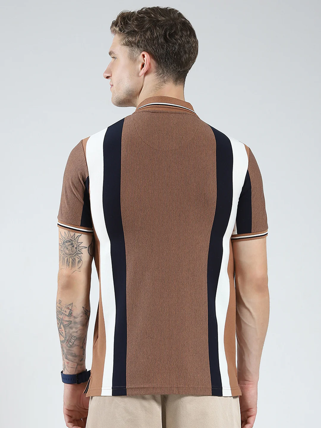 Men Brown Stripe Collar Half Sleeve T-Shirt - Image 5