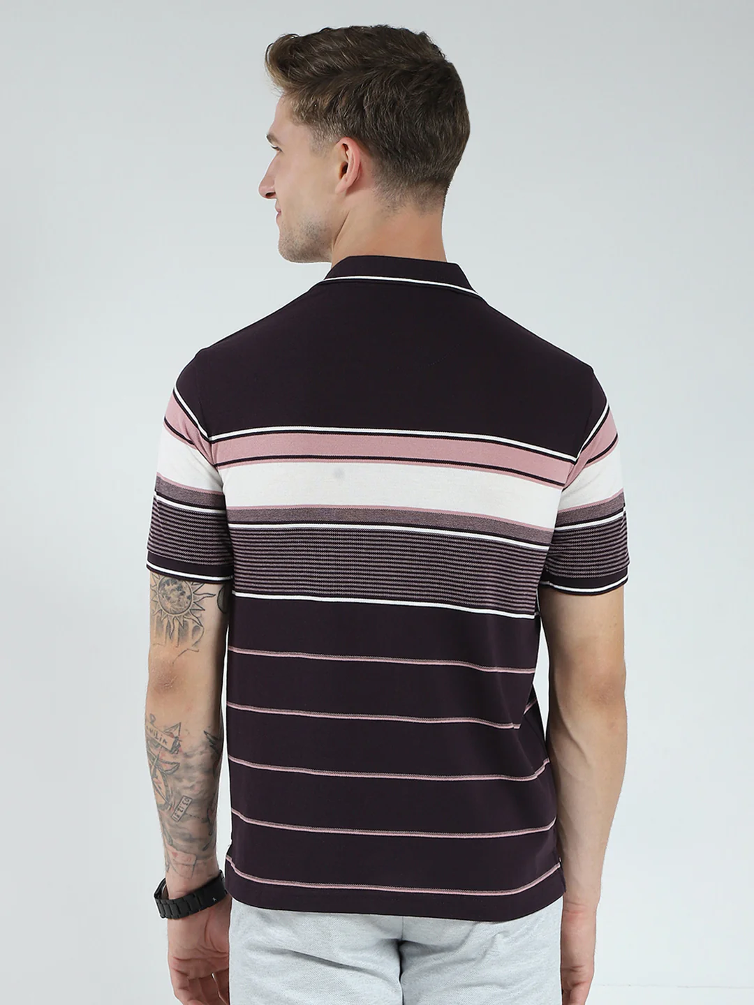 Men Brown Stripe Collar Half Sleeve T-Shirt - Image 5