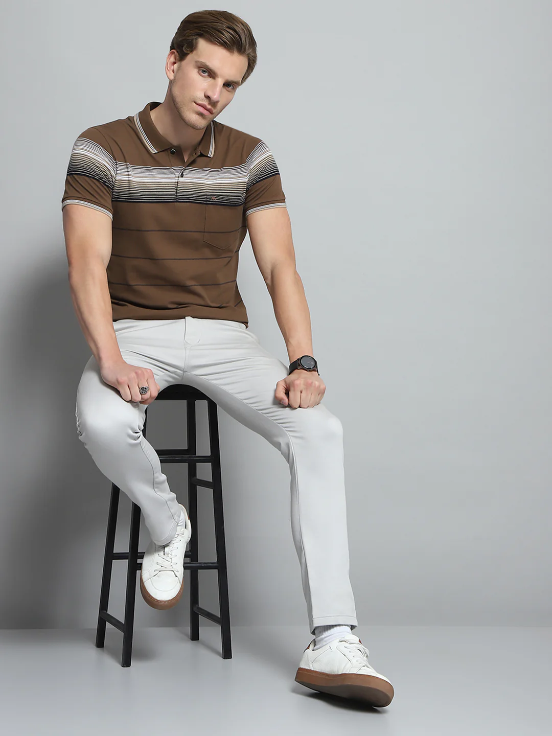 Men Brown Stripe Collar Half Sleeve T-Shirt - Image 2