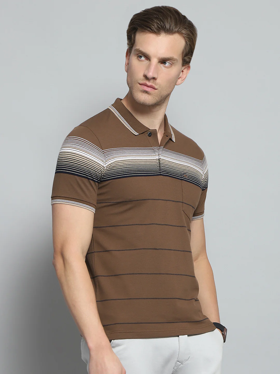 Men Brown Stripe Collar Half Sleeve T-Shirt - Image 4