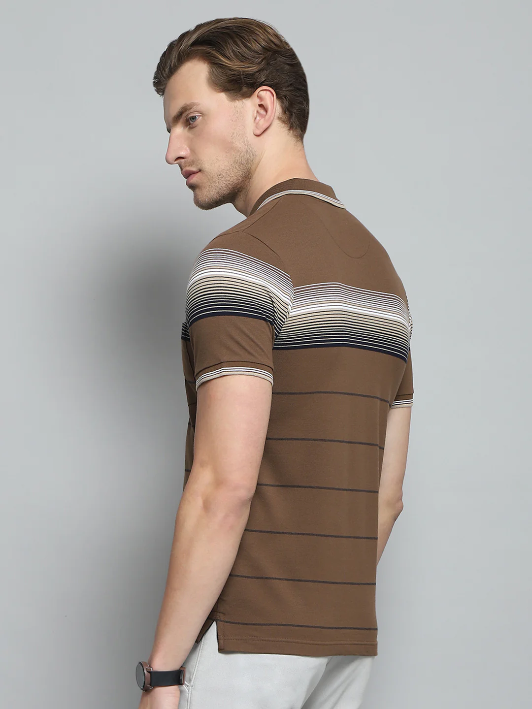 Men Brown Stripe Collar Half Sleeve T-Shirt - Image 5