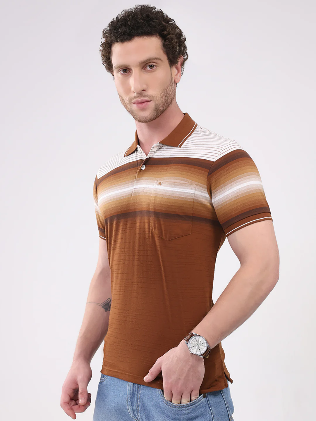 Men Brown Stripe Collar Half Sleeve T-Shirt - Image 3
