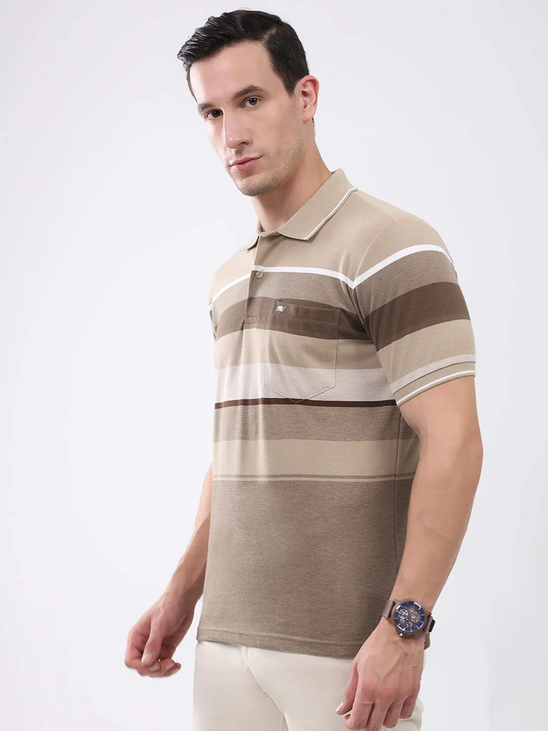 Men Brown Stripe Collar Half Sleeve T-Shirt - Image 3