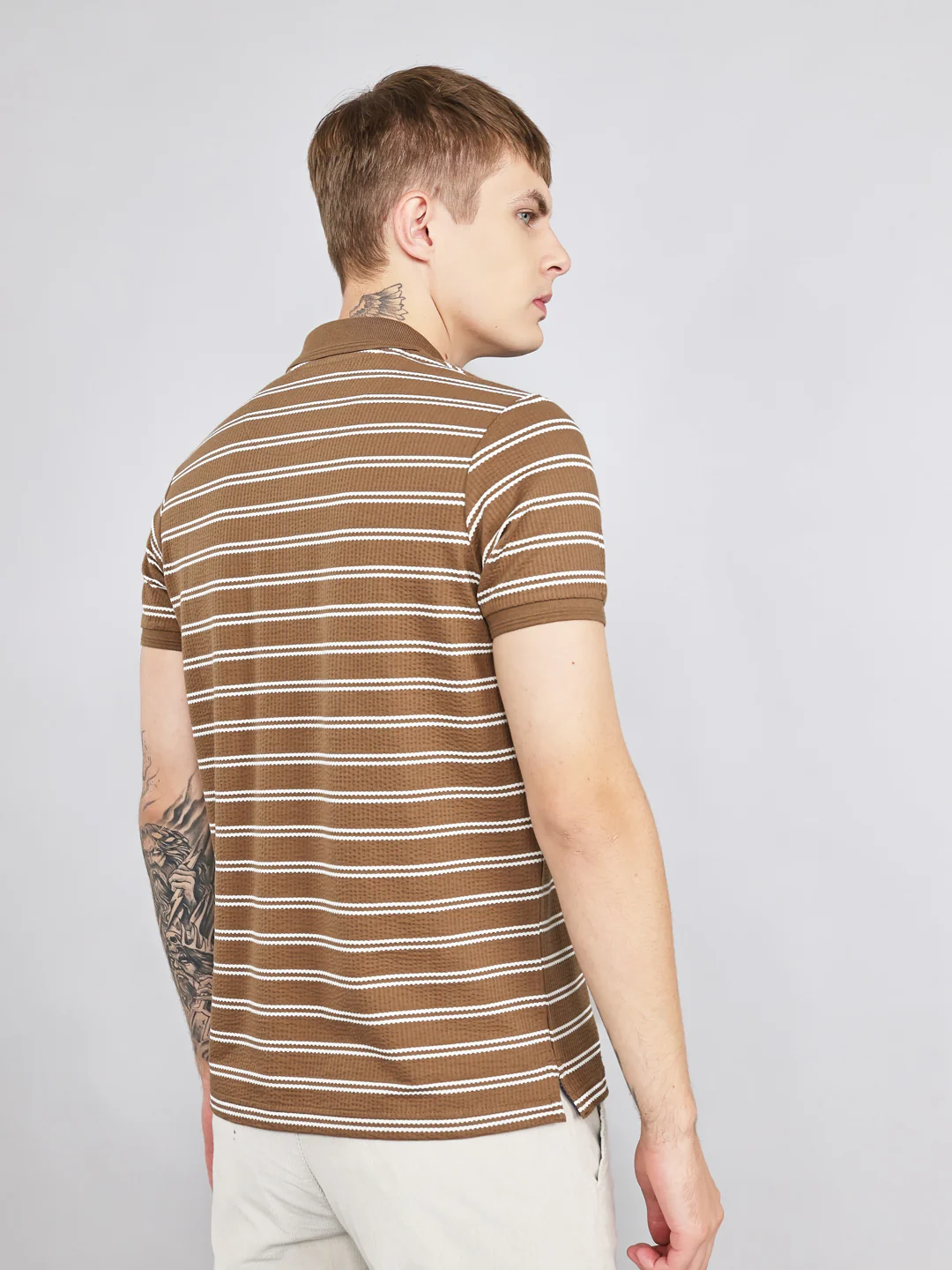 Men Brown Stripe Collar Half Sleeve T-Shirt - Image 4