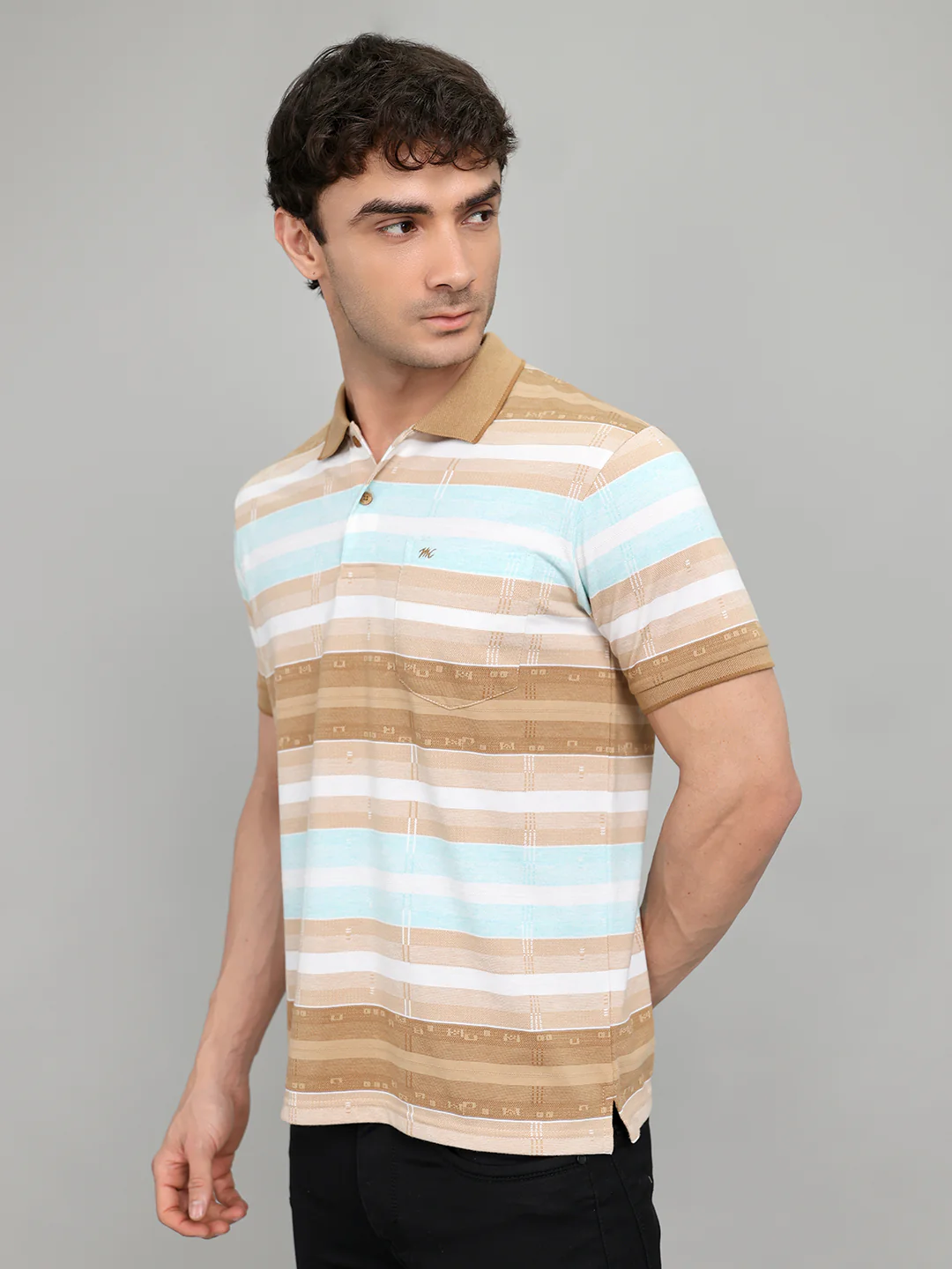 Men Brown Stripe Collar Half Sleeve T-Shirt - Image 2