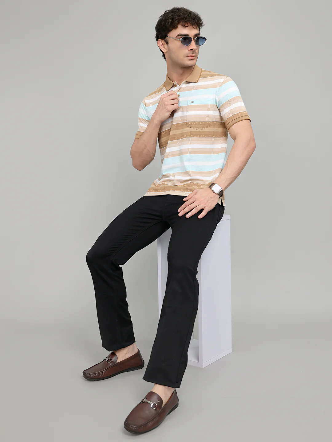 Men Brown Stripe Collar Half Sleeve T-Shirt - Image 6