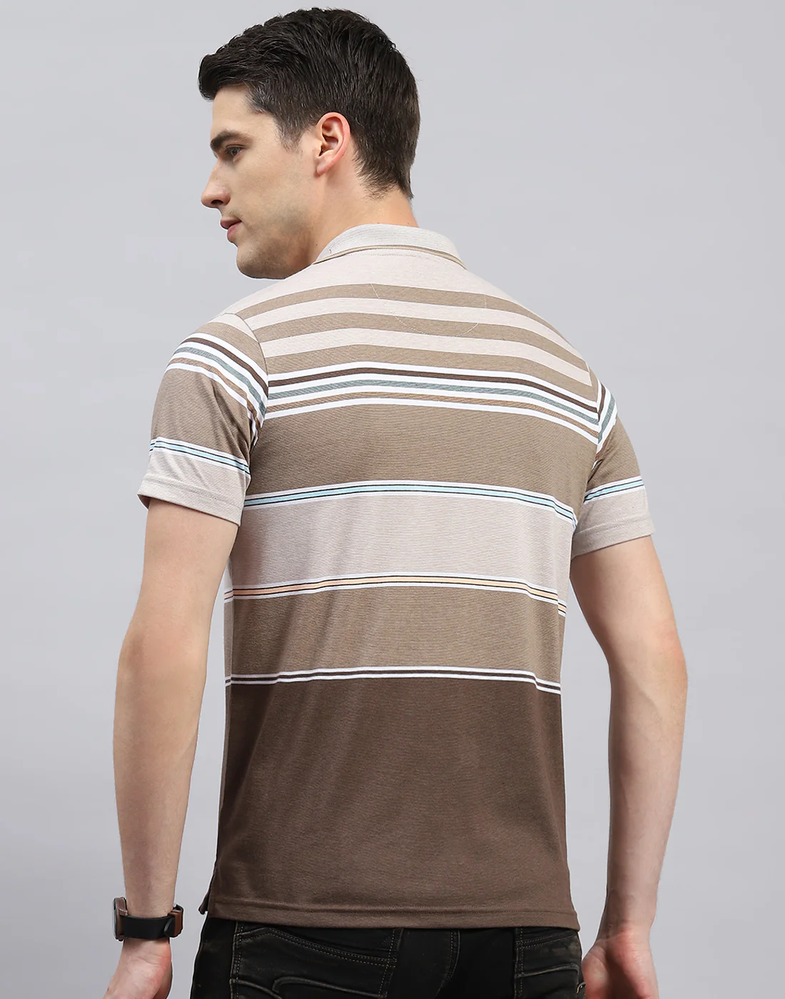 Men Brown Stripe Polo Collar Half Sleeve T-Shirt - Image 5