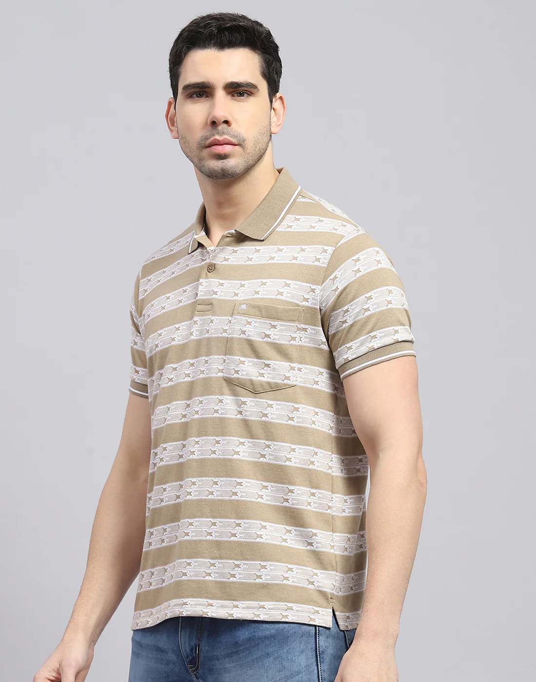 Men Brown Stripe Polo Collar Half Sleeve T-Shirt - Image 4