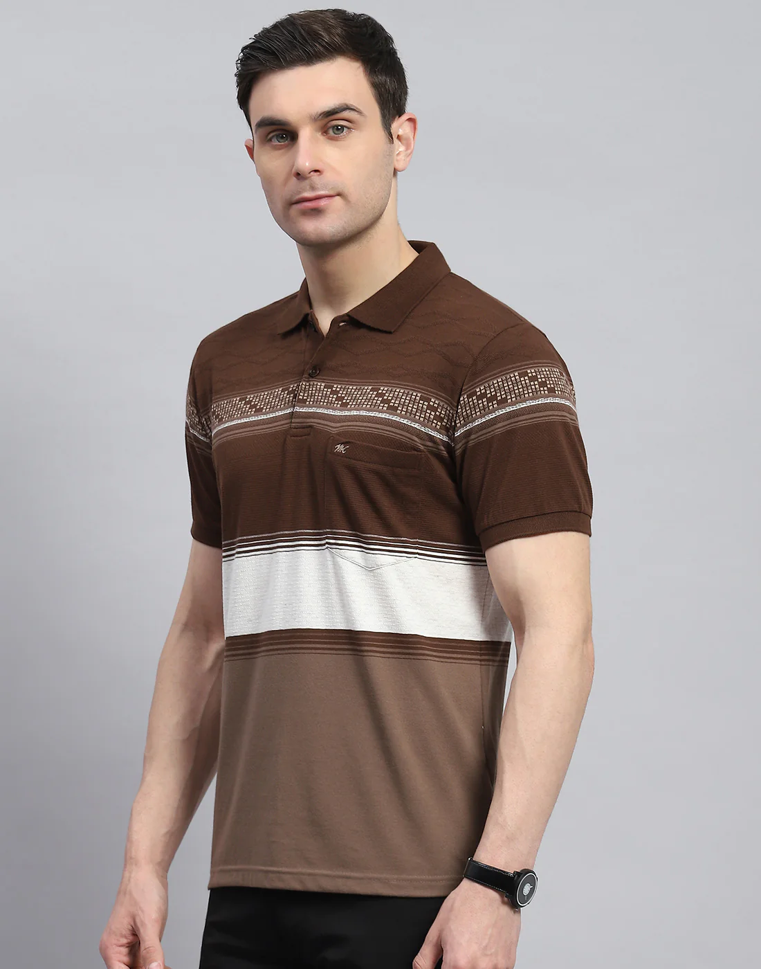 Men Brown Stripe Polo Collar Half Sleeve T-Shirt - Image 3