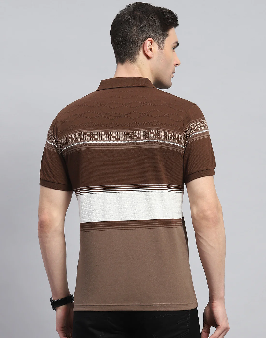 Men Brown Stripe Polo Collar Half Sleeve T-Shirt - Image 5