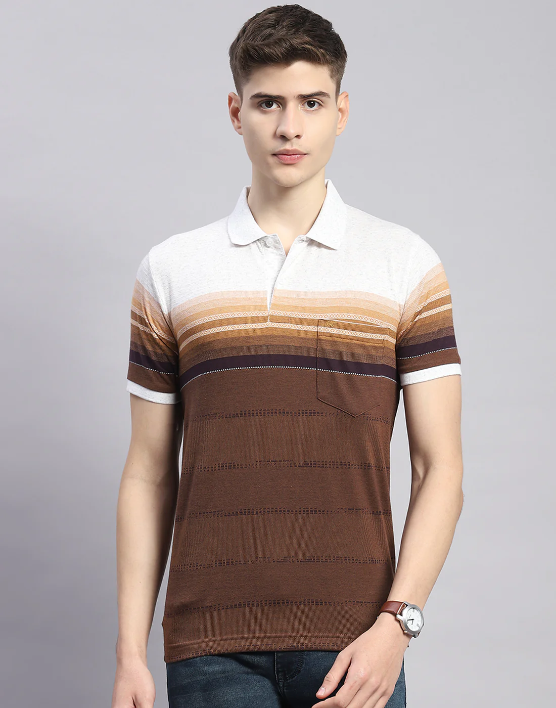 Men Brown Stripe Polo Collar Half Sleeve T-Shirt - Image 3