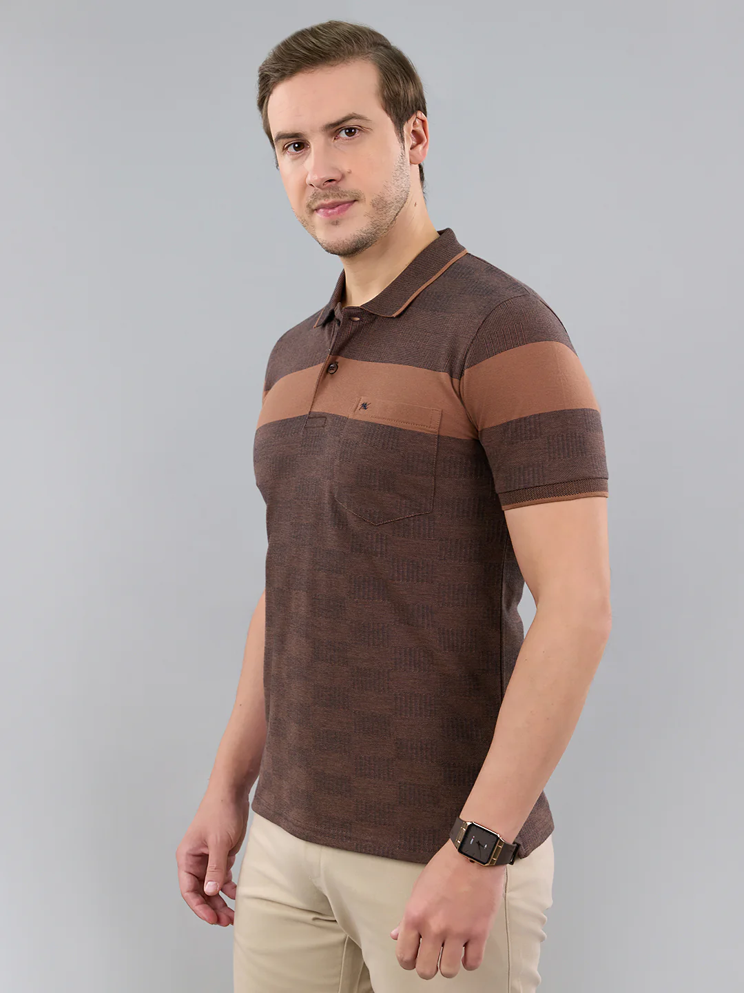 Men Brown Stripe Polo Collar Half Sleeve T-Shirt - Image 2