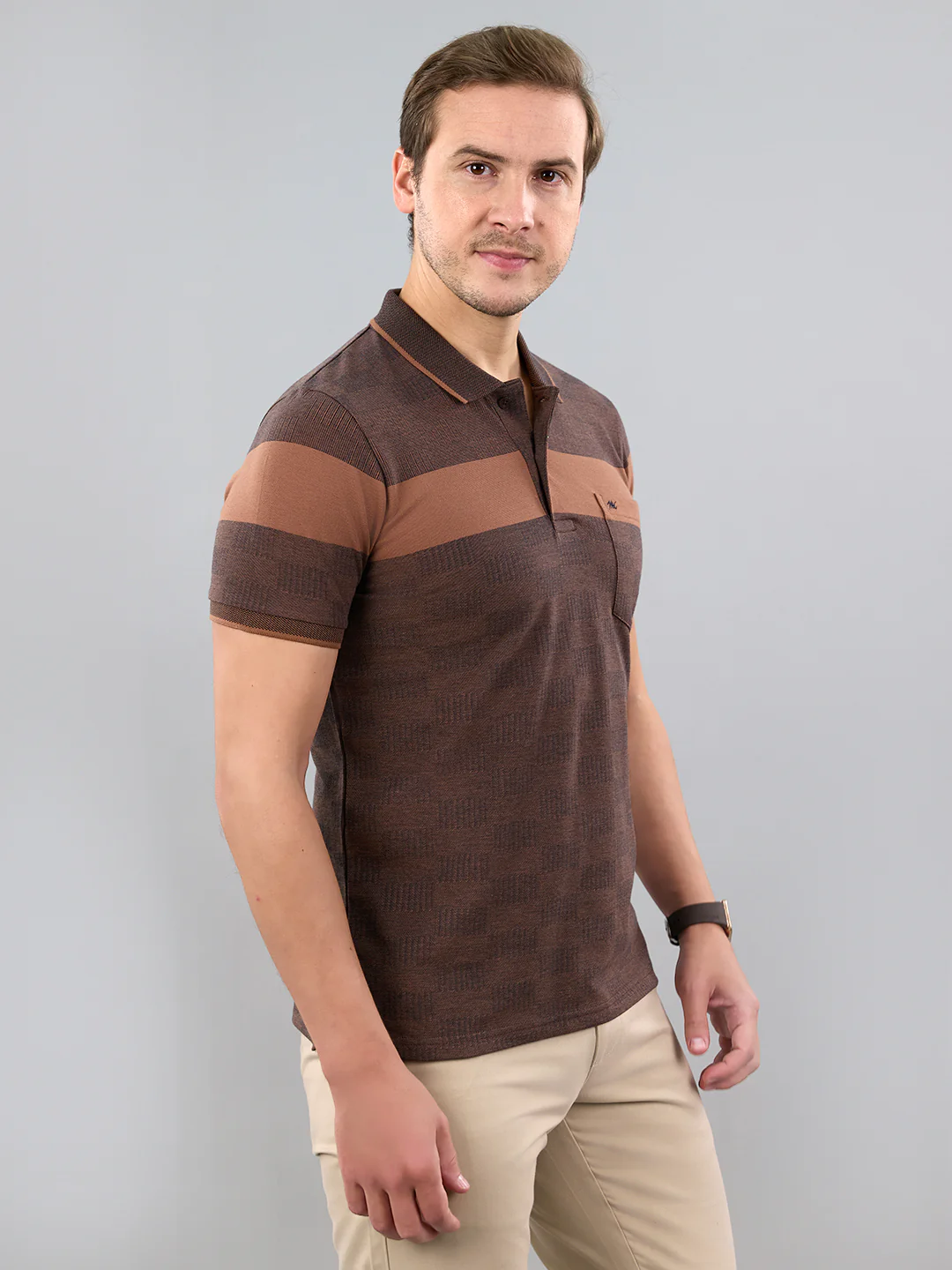 Men Brown Stripe Polo Collar Half Sleeve T-Shirt - Image 3