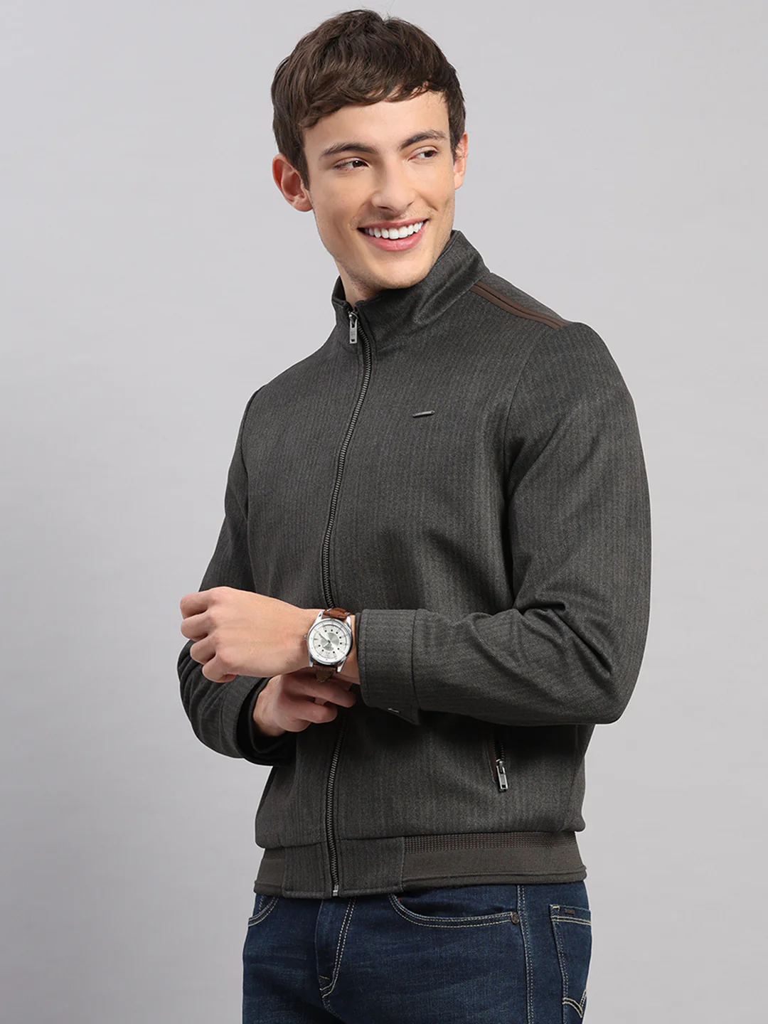 Men Brown Stripe Stand Collar Full Sleeve Jacket - Image 3