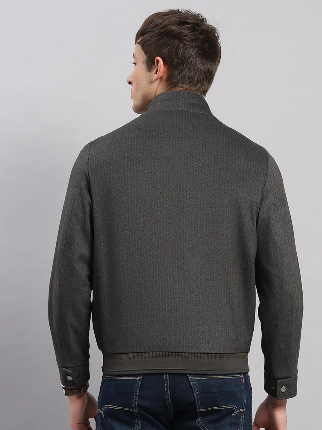 Men Brown Stripe Stand Collar Full Sleeve Jacket - Image 5