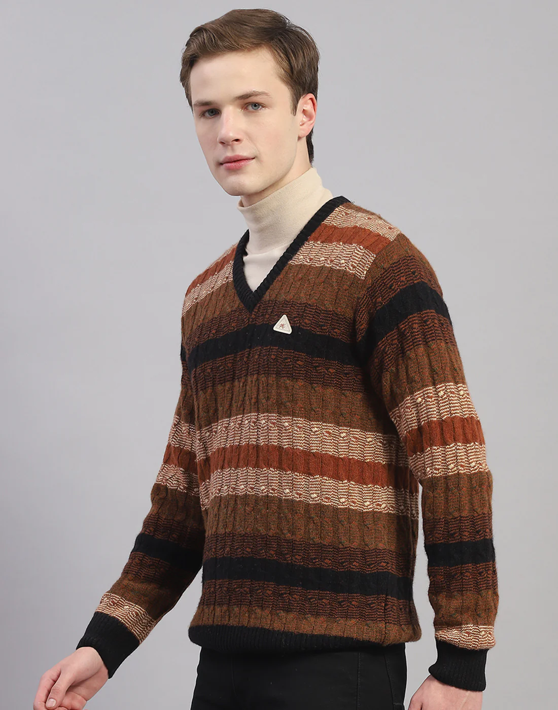 Men Brown Stripe V Neck Full Sleeve Pullover - Image 3
