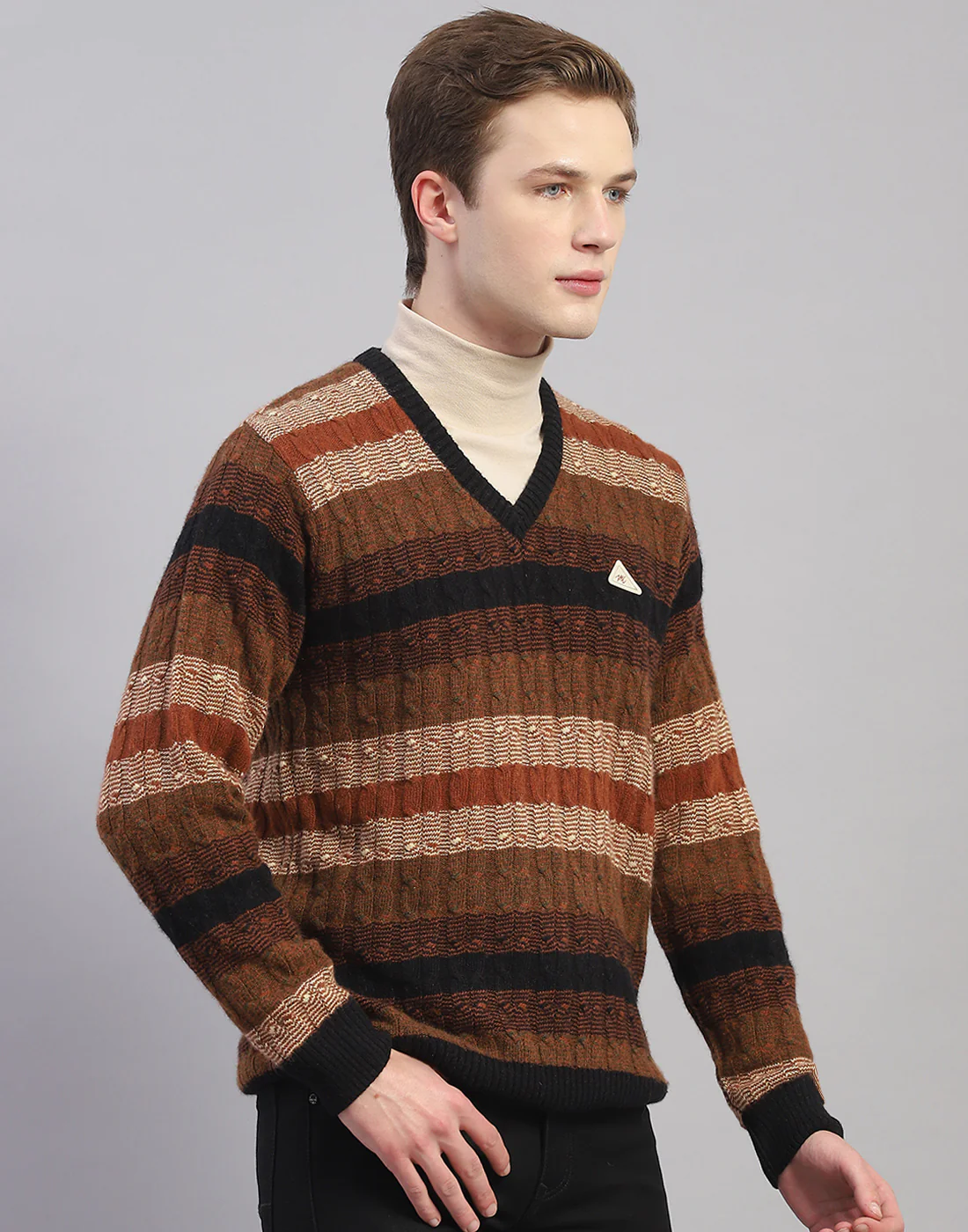 Men Brown Stripe V Neck Full Sleeve Pullover - Image 4