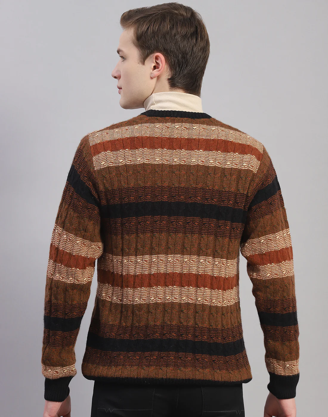 Men Brown Stripe V Neck Full Sleeve Pullover - Image 5