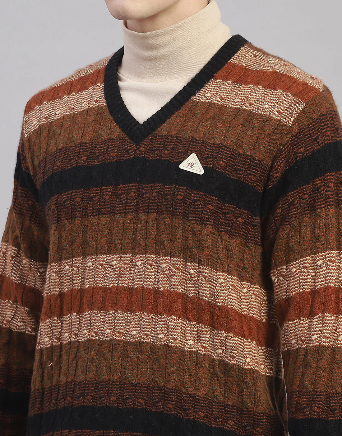 Men Brown Stripe V Neck Full Sleeve Pullover - Image 6