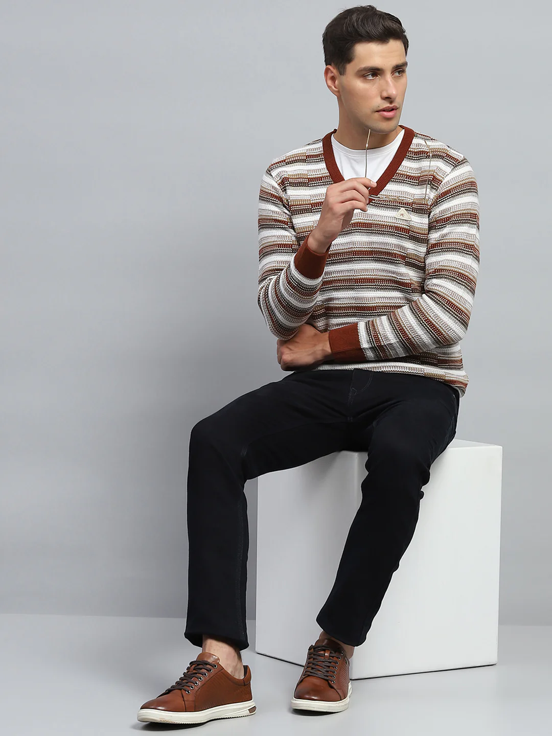 Men Brown Stripe V Neck Full Sleeve Pullover - Image 2