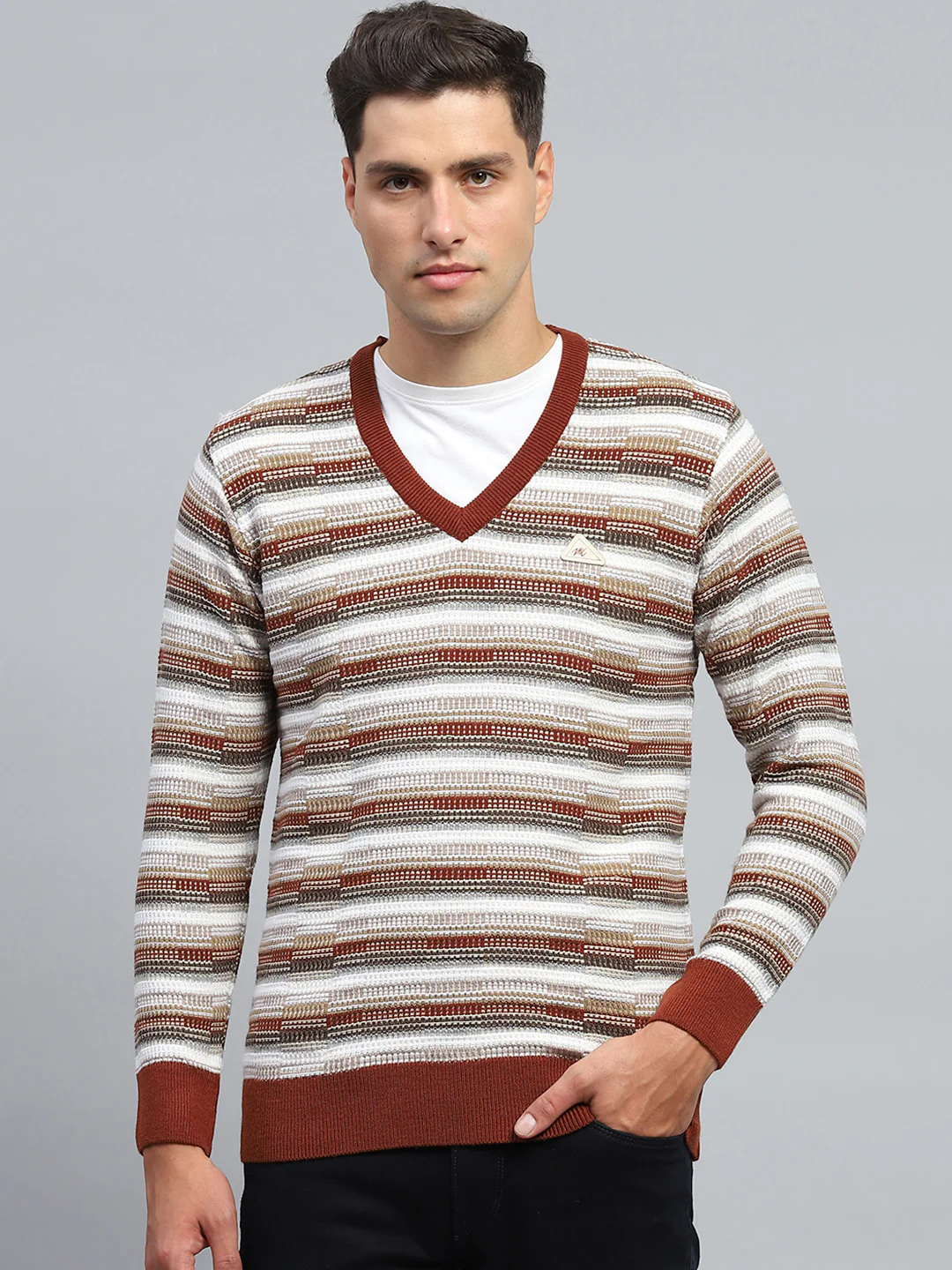 Men Brown Stripe V Neck Full Sleeve Pullover - Image 3