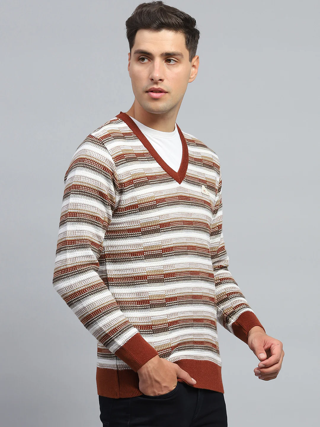 Men Brown Stripe V Neck Full Sleeve Pullover - Image 4