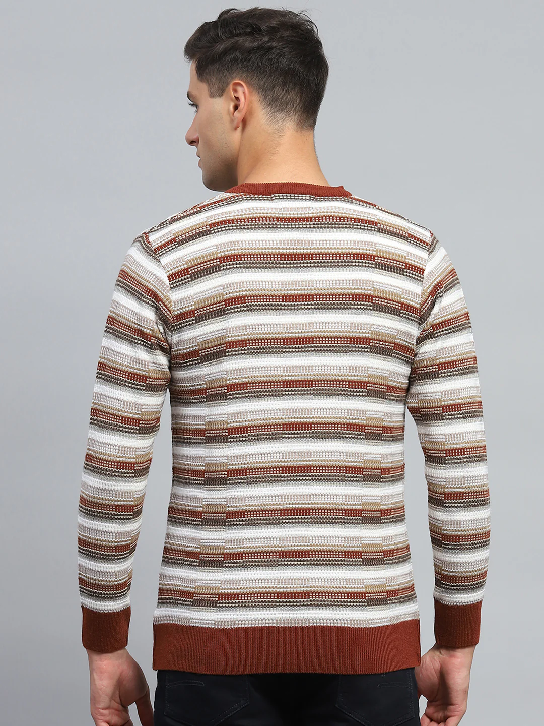 Men Brown Stripe V Neck Full Sleeve Pullover - Image 5