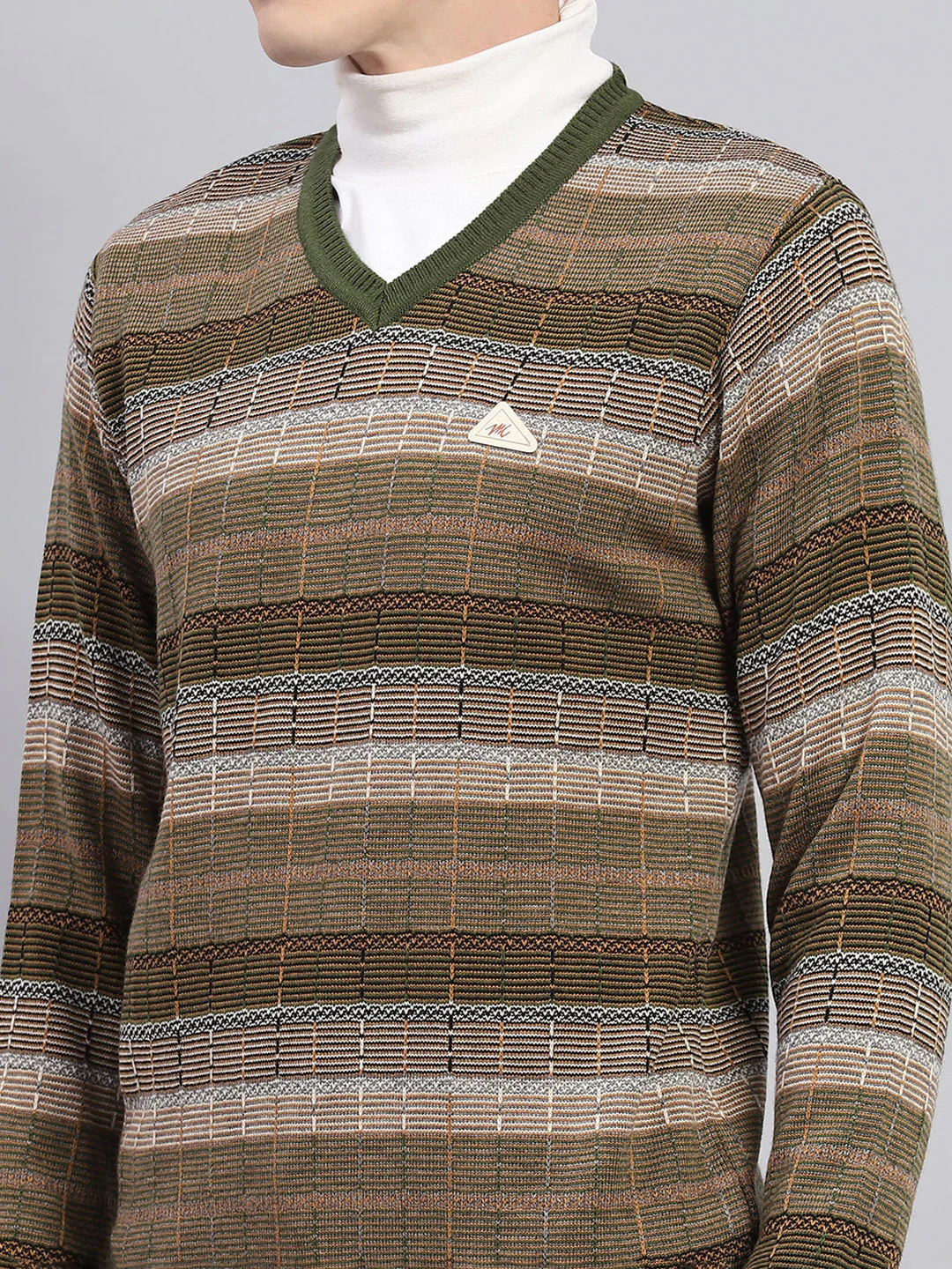 Men Green & Brown Stripe V Neck Full Sleeve Pullover - Image 3