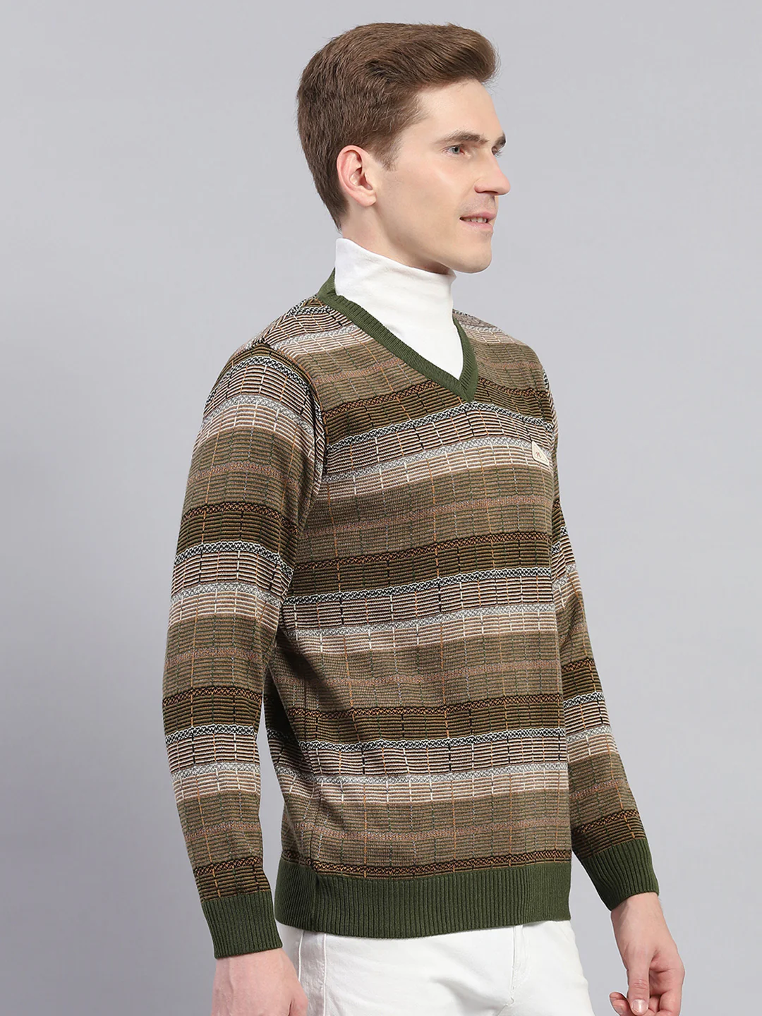 Men Green & Brown Stripe V Neck Full Sleeve Pullover - Image 5
