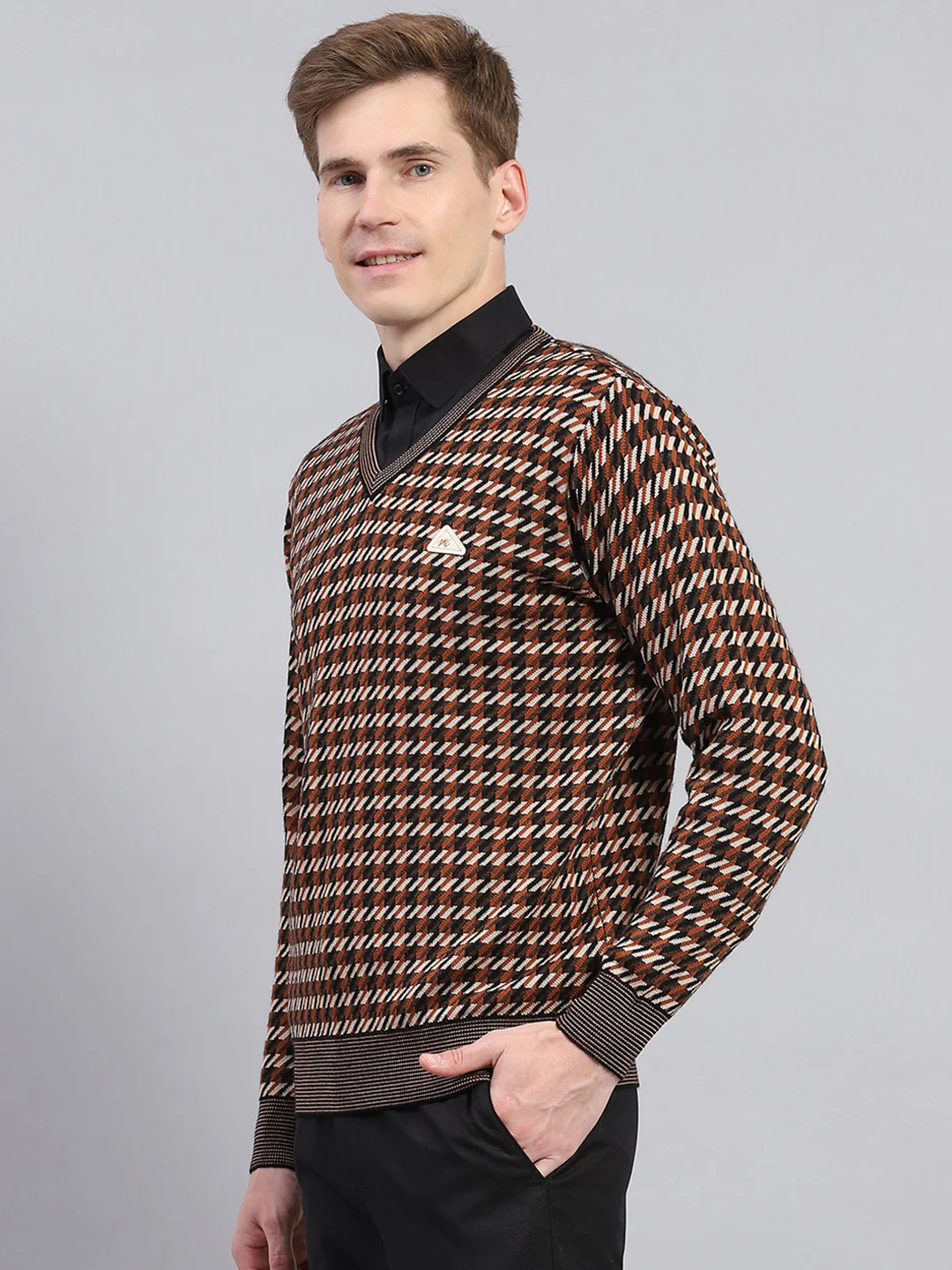 Men Brown Stripe V Neck Full Sleeve Pullover - Image 3
