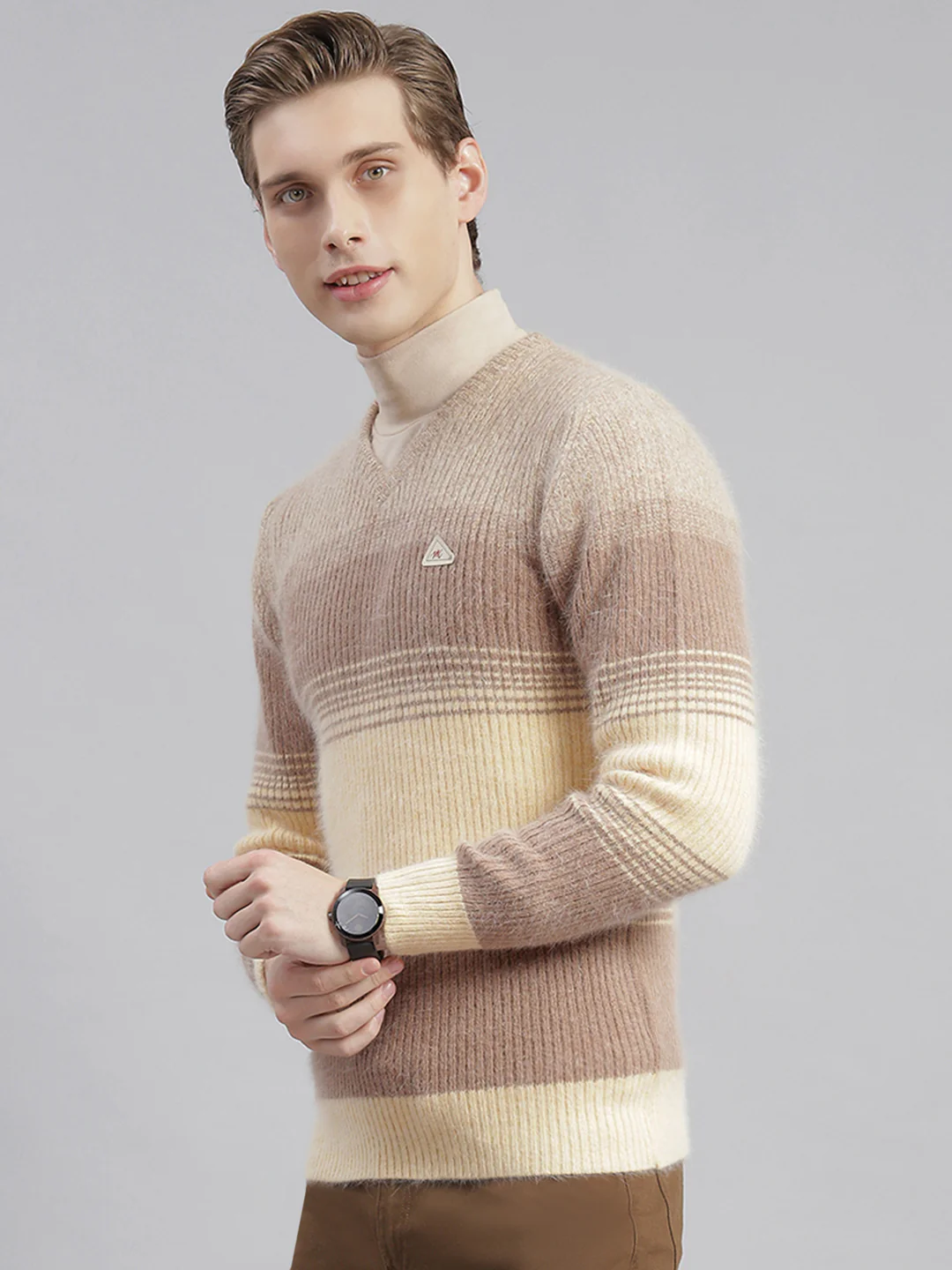 Men Brown Stripe V Neck Full Sleeve Sweaters/Pullovers - Image 4