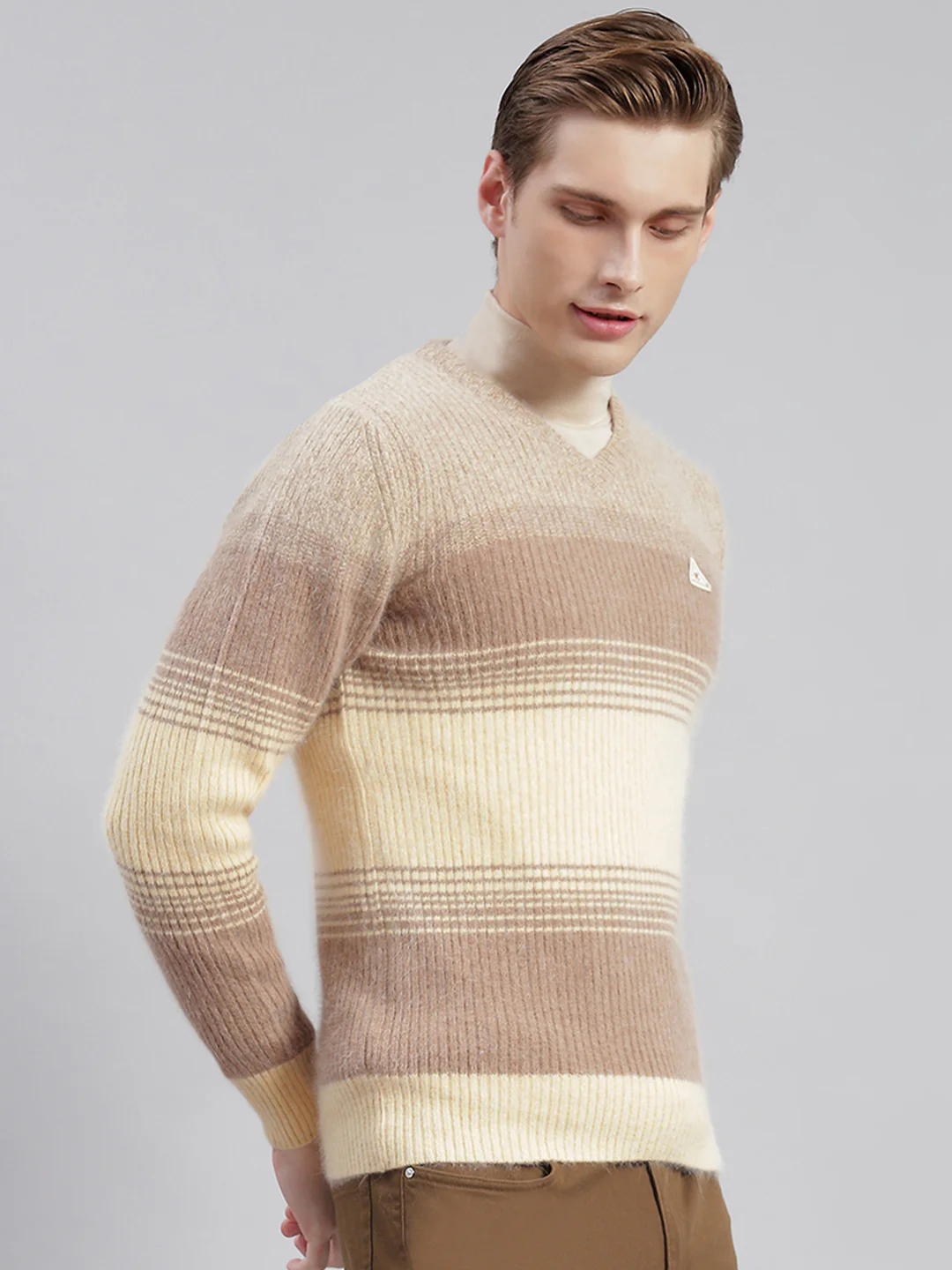 Men Brown Stripe V Neck Full Sleeve Sweaters/Pullovers - Image 5
