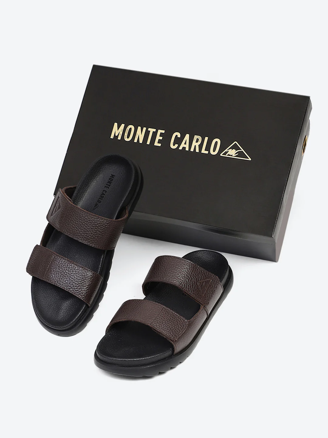 Men Brown Velcro Genuine Leather Sliders - Image 2