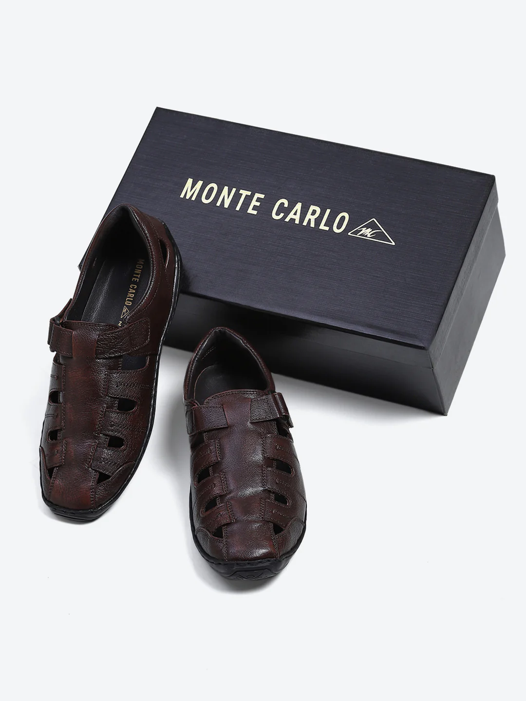 Men Brown Velcro Leather Sandals - Image 2