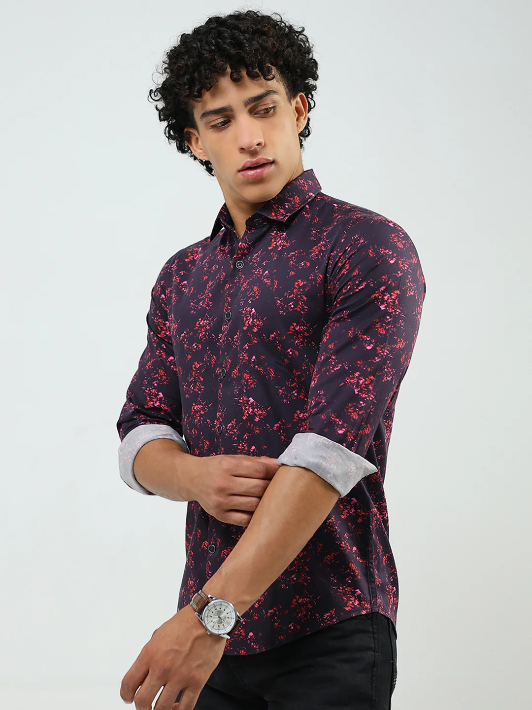 Men Burgundy Printed Collar Full Sleeve Shirt - Image 3