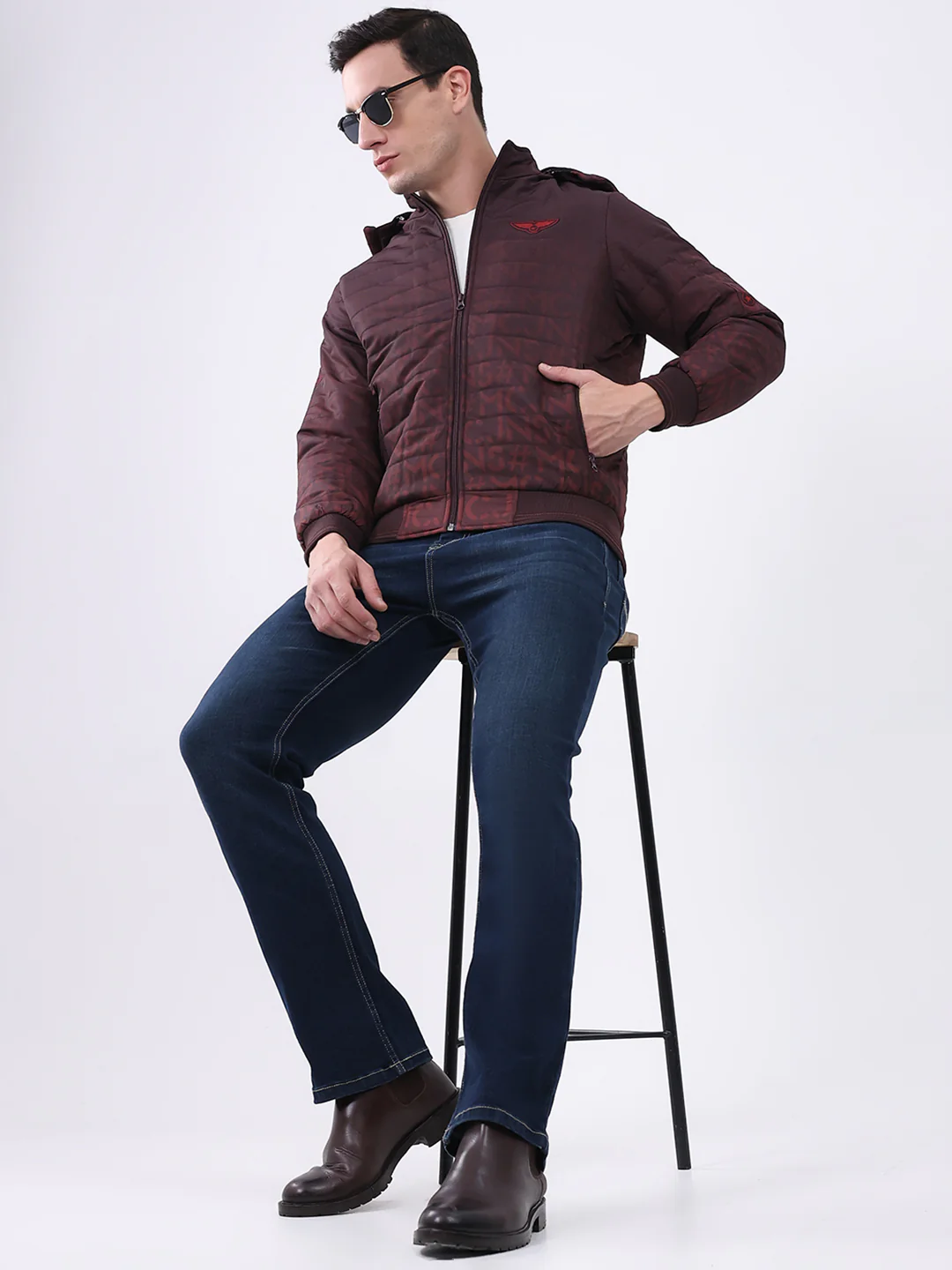 Men Burgundy Printed Hooded Full Sleeve Jacket - Image 2