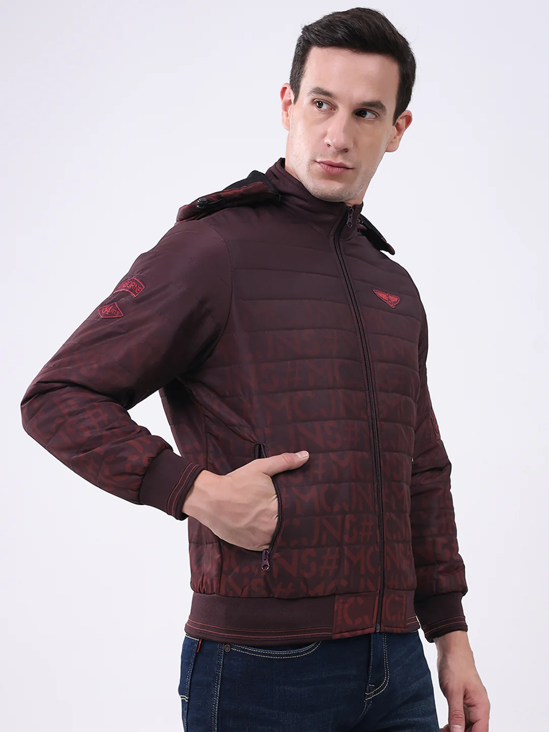 Men Burgundy Printed Hooded Full Sleeve Jacket - Image 4