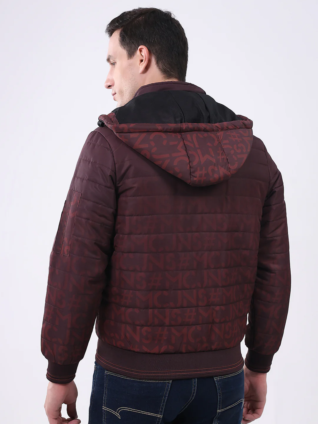 Men Burgundy Printed Hooded Full Sleeve Jacket - Image 5
