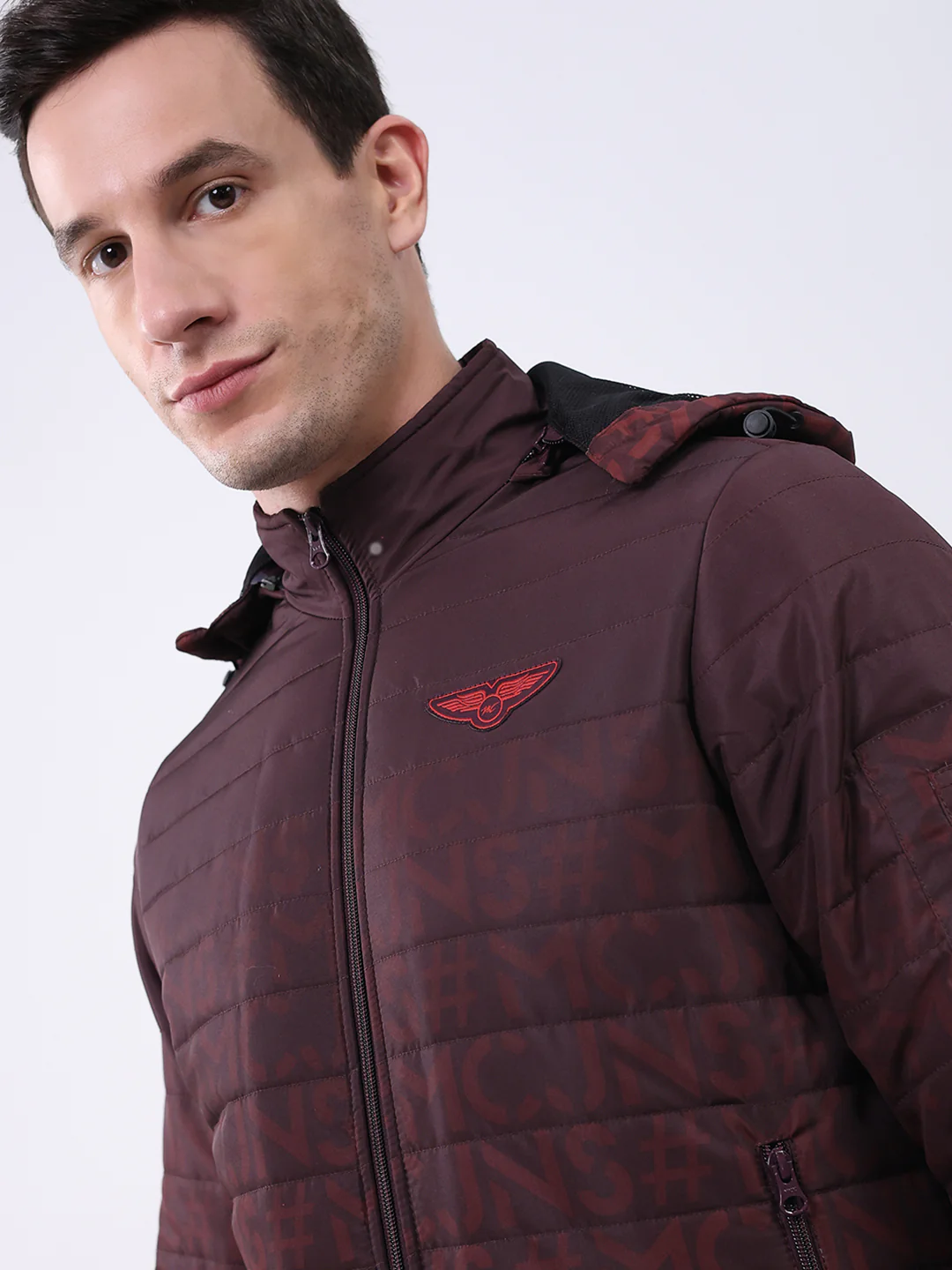 Men Burgundy Printed Hooded Full Sleeve Jacket - Image 6