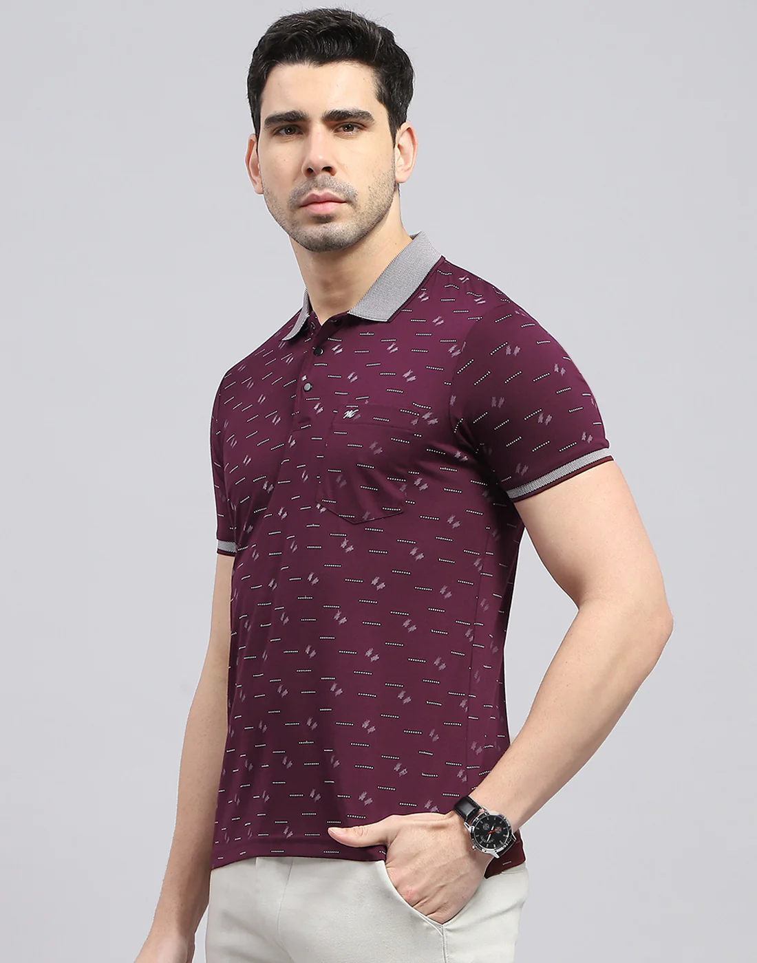 Men Burgundy Printed Polo Collar Half Sleeve T-Shirt - Image 4