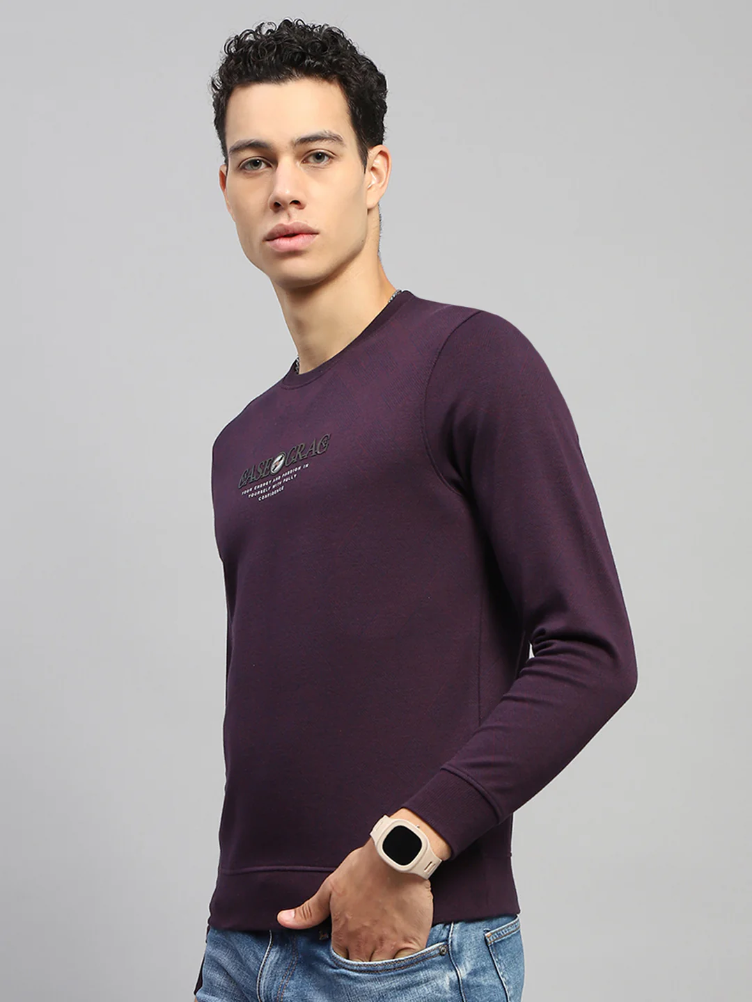 Men Burgundy Printed Round Neck Full Sleeve Winter T-Shirt - Image 3