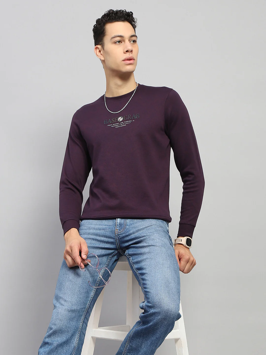 Men Burgundy Printed Round Neck Full Sleeve Winter T-Shirt - Image 6