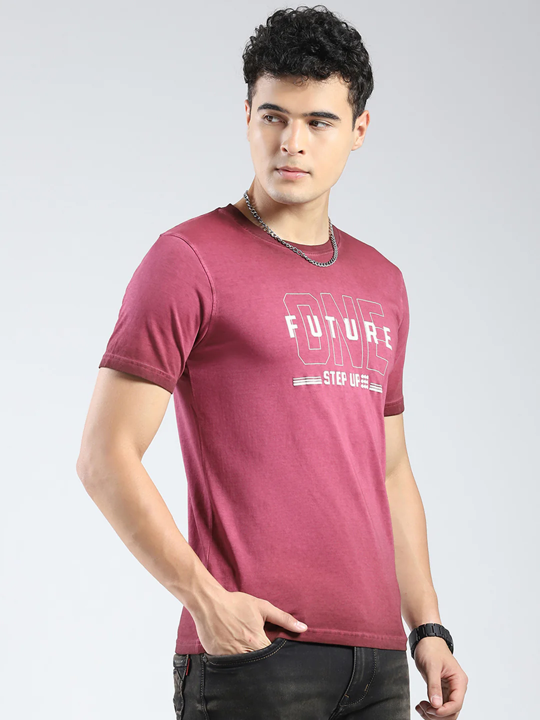 Rock.it Men Burgundy Printed Round Neck Half Sleeve T-Shirt - Image 4